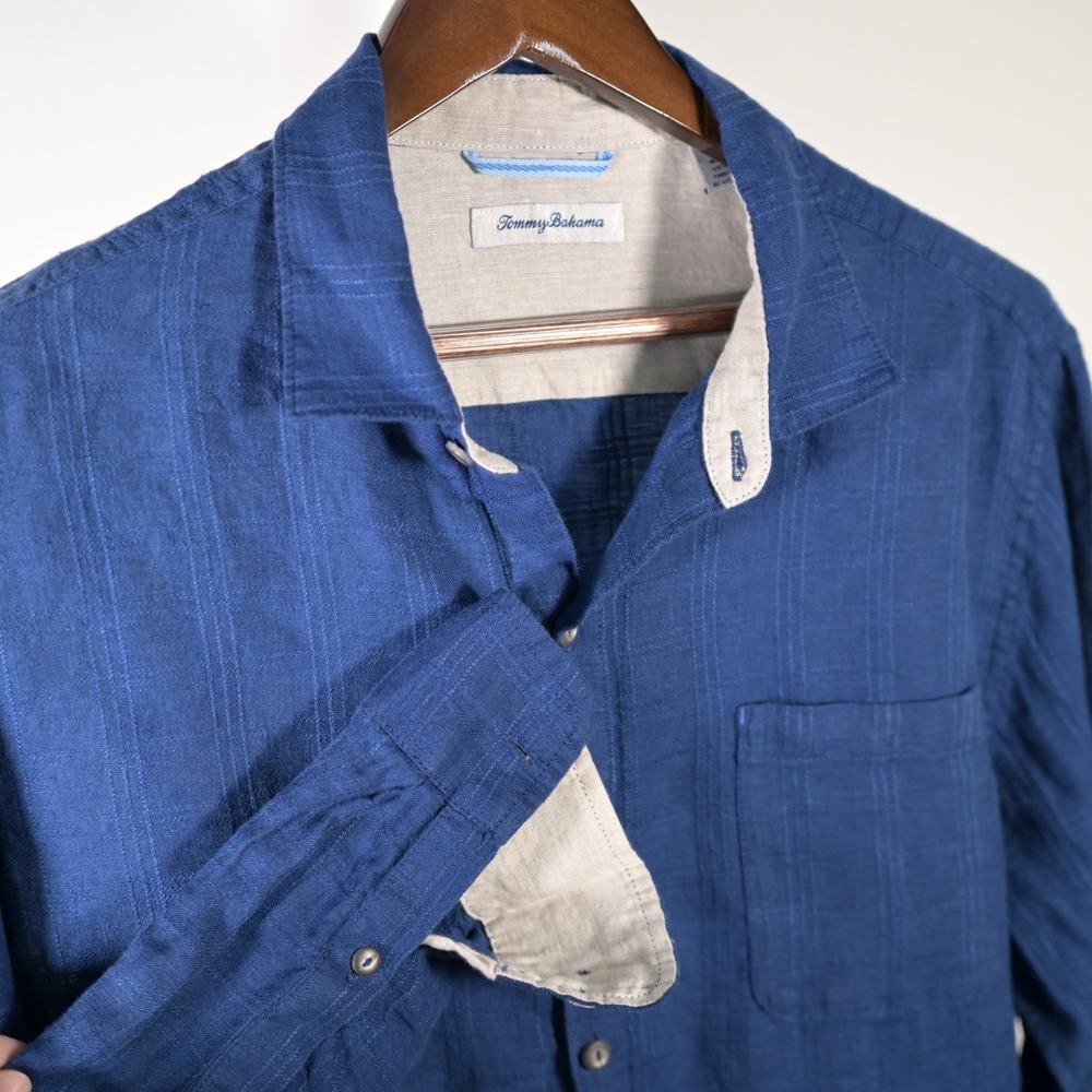 Tommy Bahama Mens Large $179. Blue Textured Linen Blend Summer Travel